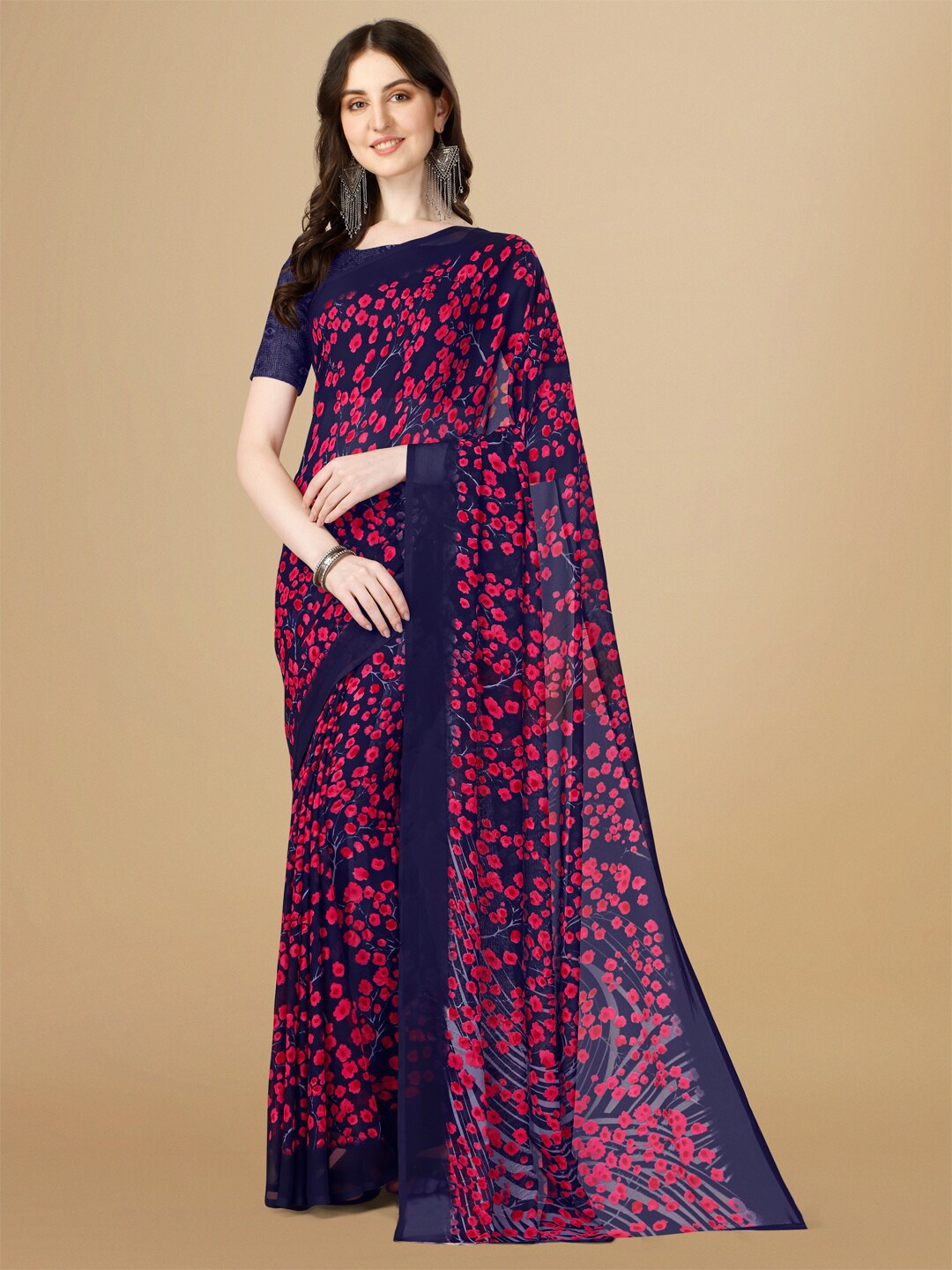 

Dori Floral Poly Georgette Saree, Navy blue