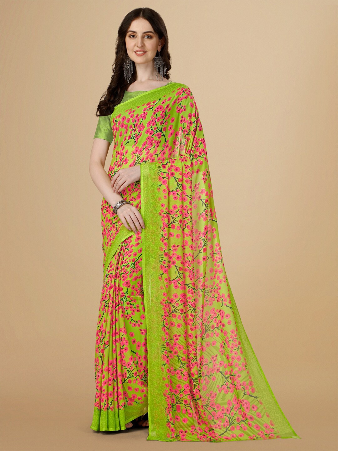 Dori Floral Printed Poly Georgette Saree, Green