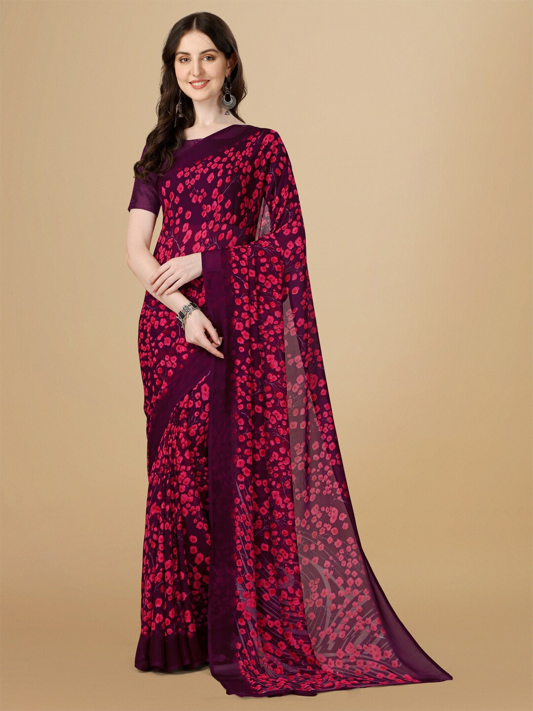 

Dori Floral Printed Poly Georgette Saree, Magenta