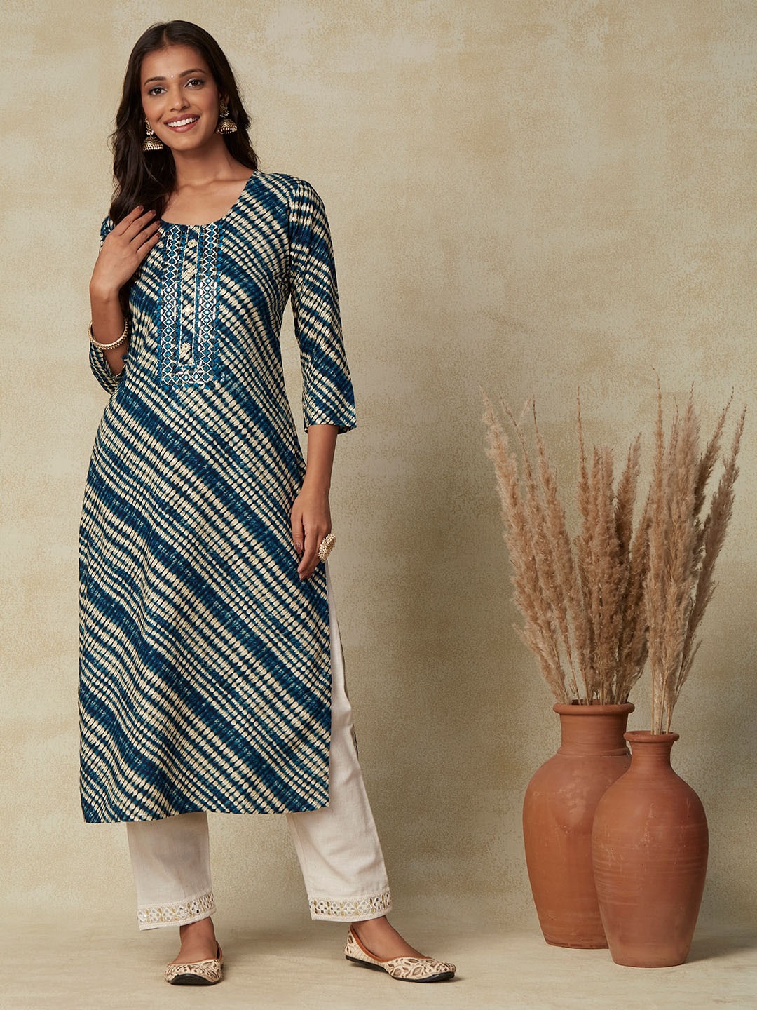 

FASHOR Blue Striped Round Neck Mirror Work Straight Kurta