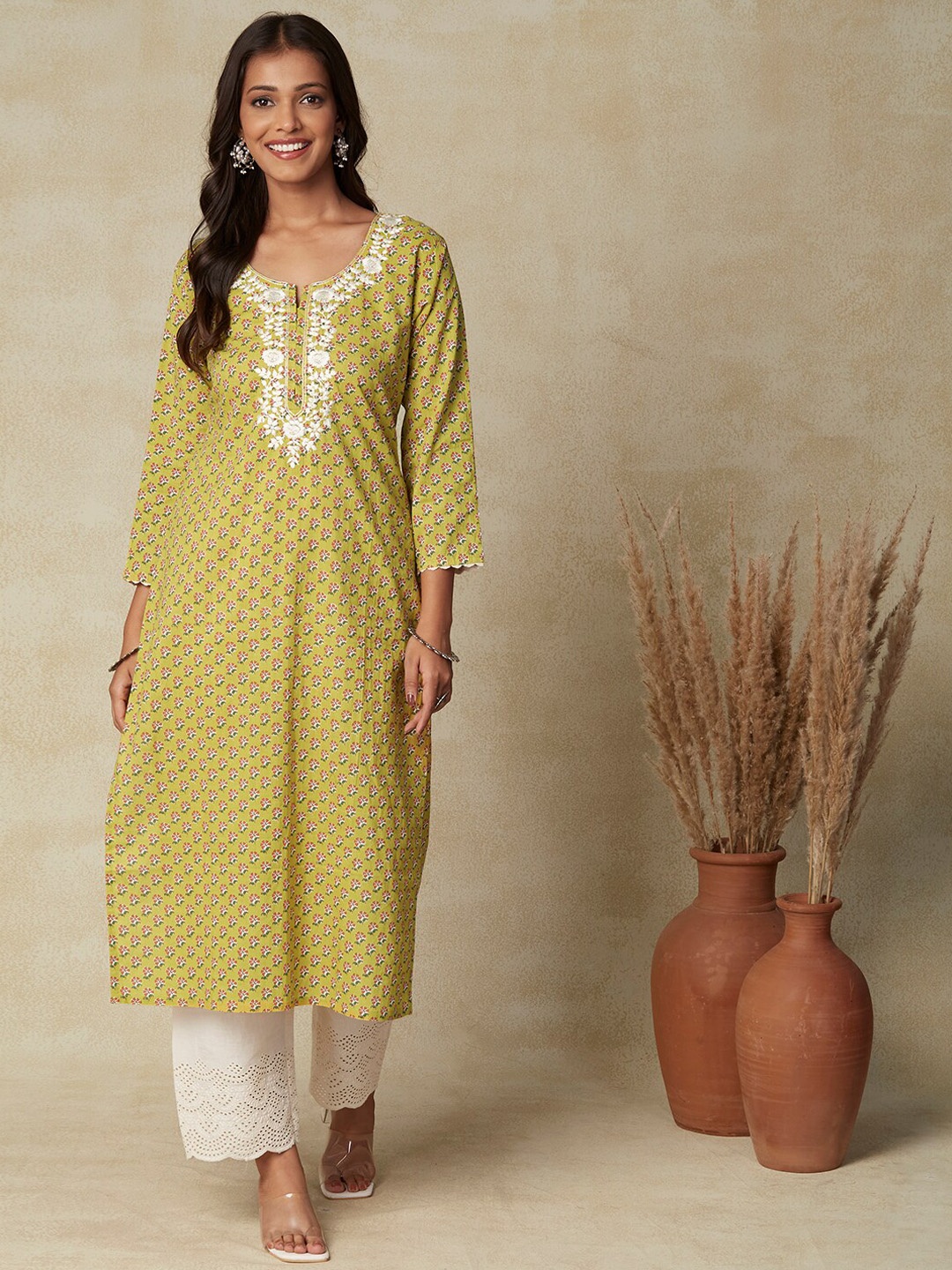 

FASHOR Floral Printed Embroidered Cotton Straight Kurta, Mustard