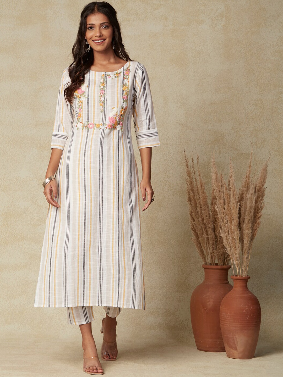 

FASHOR Off White Striped Thread Work Pure Cotton Kurta With Trousers