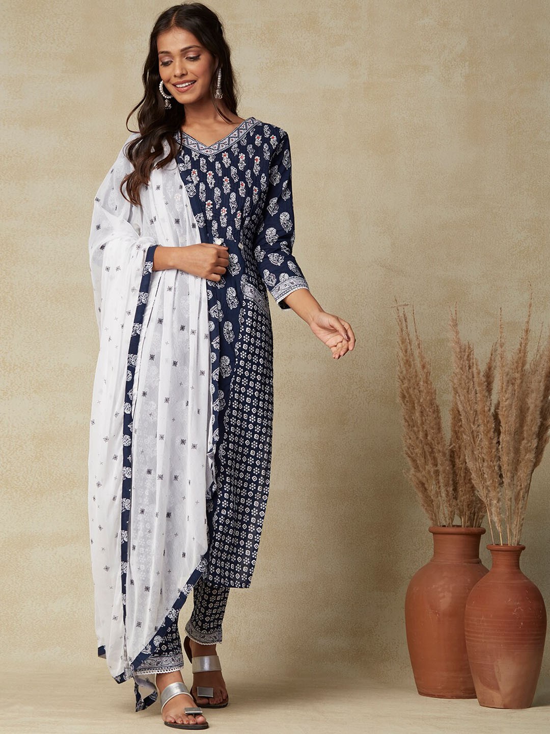 

FASHOR Navy Blue Ethnic Motifs Printed Mirror Work Cotton Kurta & Trousers & With Dupatta