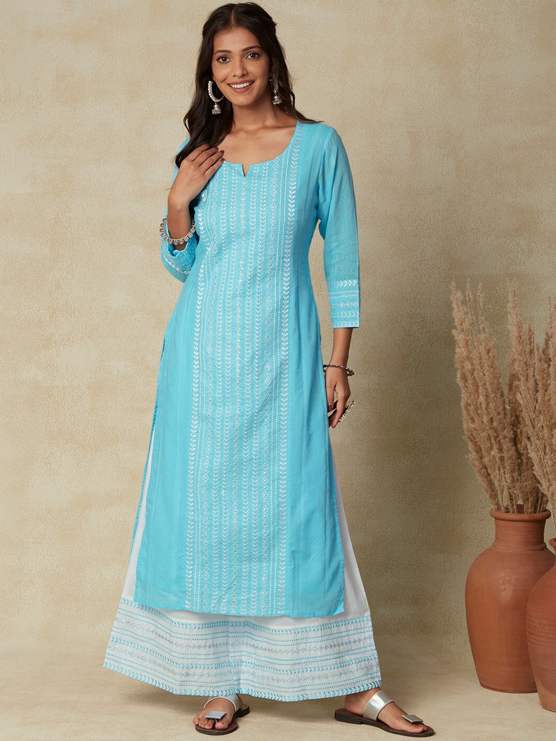 

FASHOR Embroidered Pure Cotton Straight Kurta With Palazzos, Blue