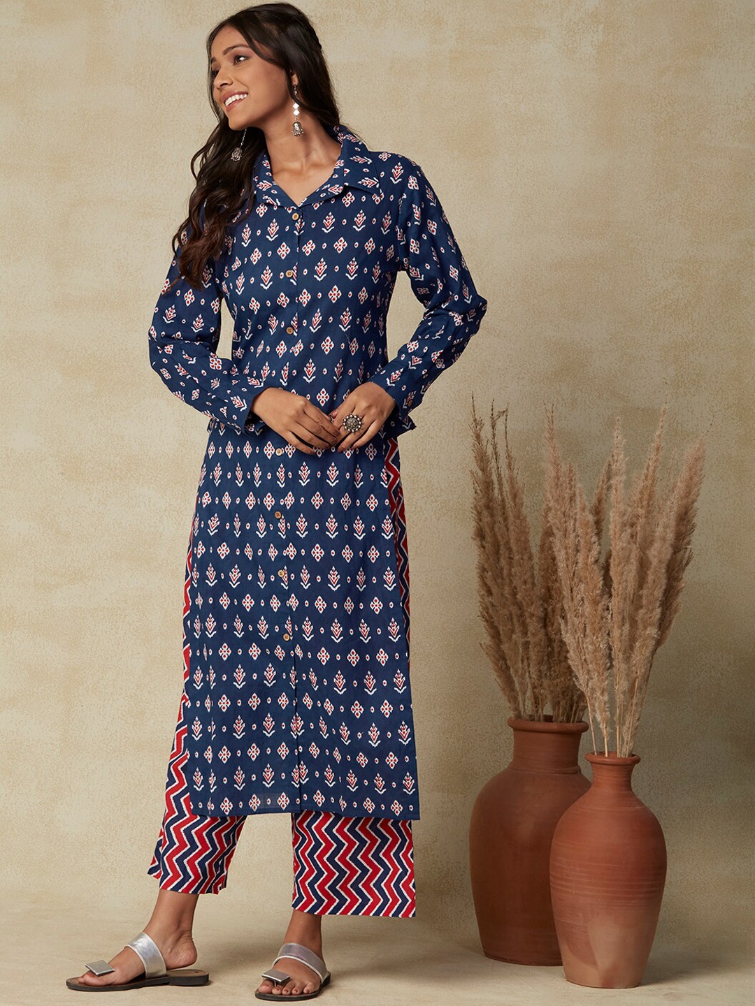 

FASHOR Ethnic Motifs Printed Pure Cotton Kurta with Palazzos, Blue