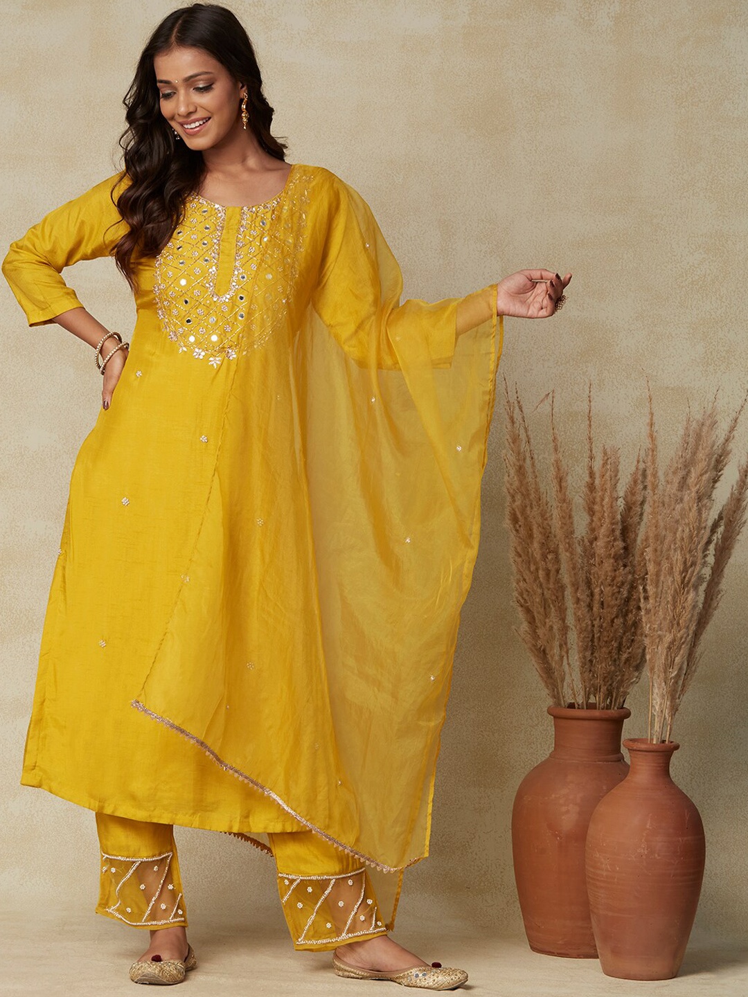 

FASHOR Floral Yoke Design Gotta Patti Kurta with Trousers & With Dupatta, Mustard