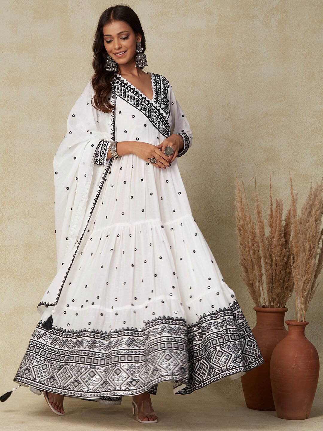 

FASHOR White V-Neck Embellished Ethnic Dresses With Dupatta