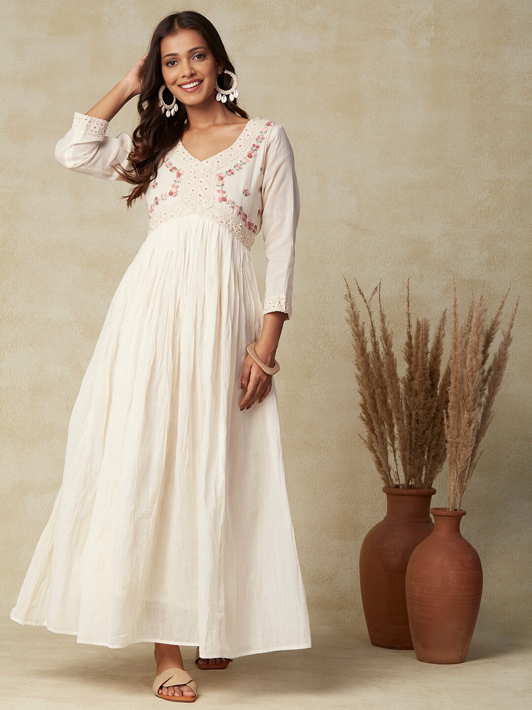 

FASHOR Off White Floral Embroidered Empire Ethnic Dress