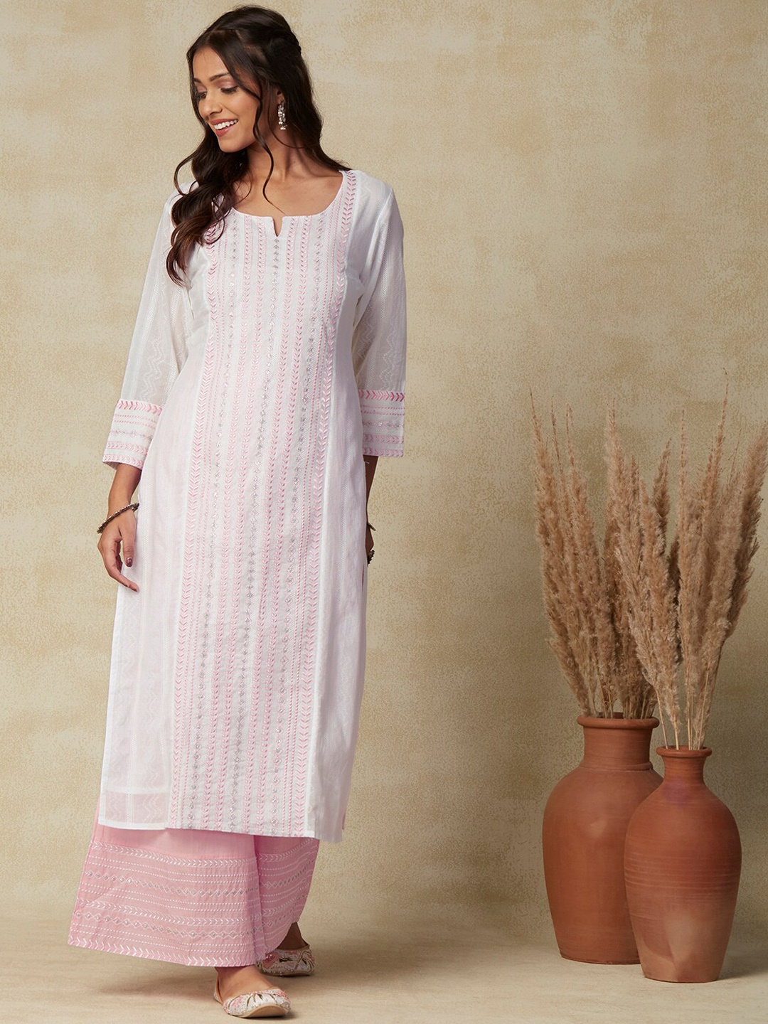 

FASHOR Embroidered Regular Pure Cotton Kurta with Palazzos, White