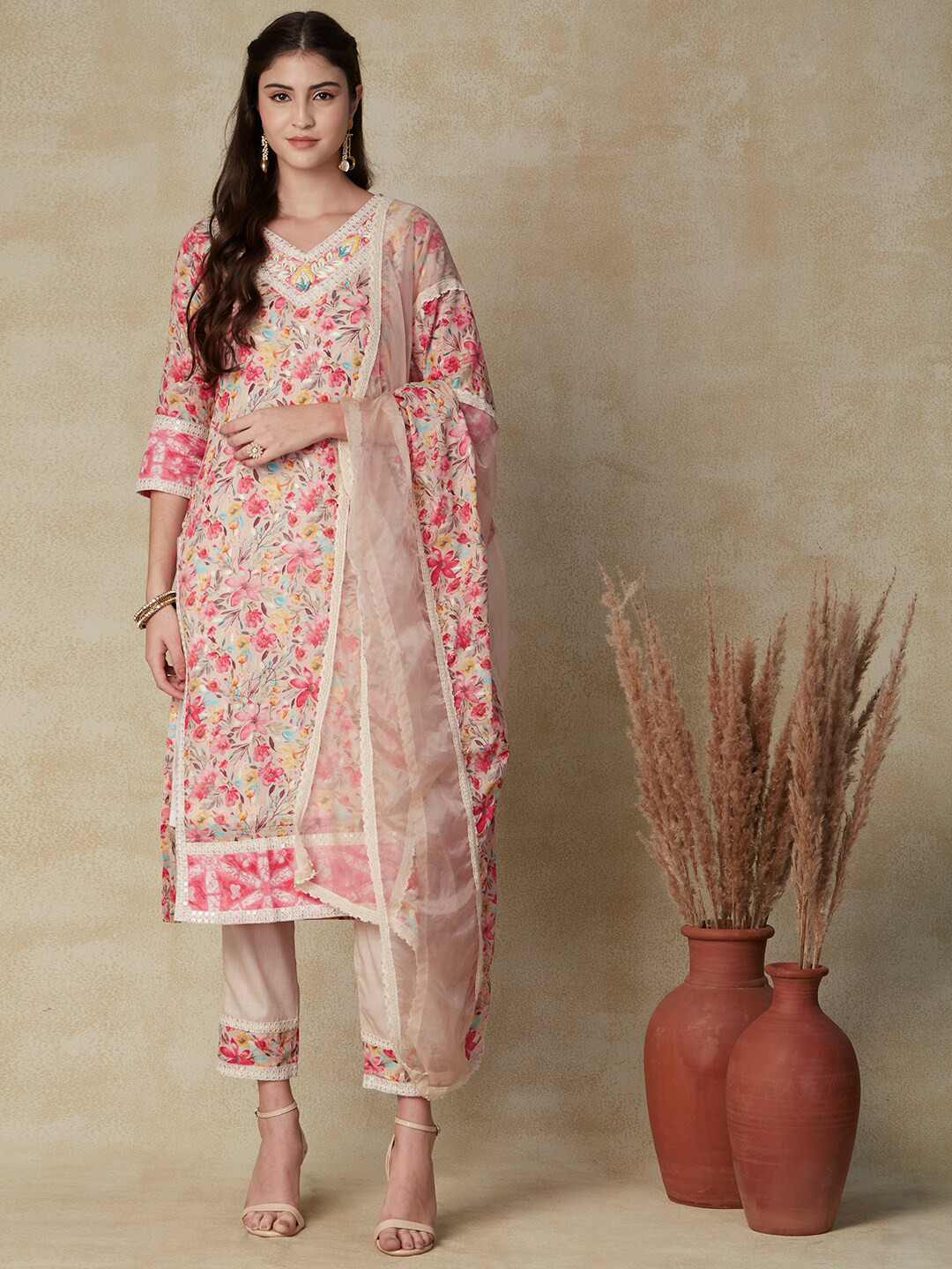 

FASHOR Floral Printed Pure Cotton Kurta with Trousers & With Dupatta, Pink
