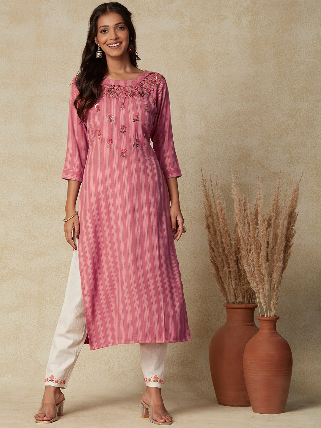 

FASHOR Striped Regular Thread Work Kurta with Trousers, Peach