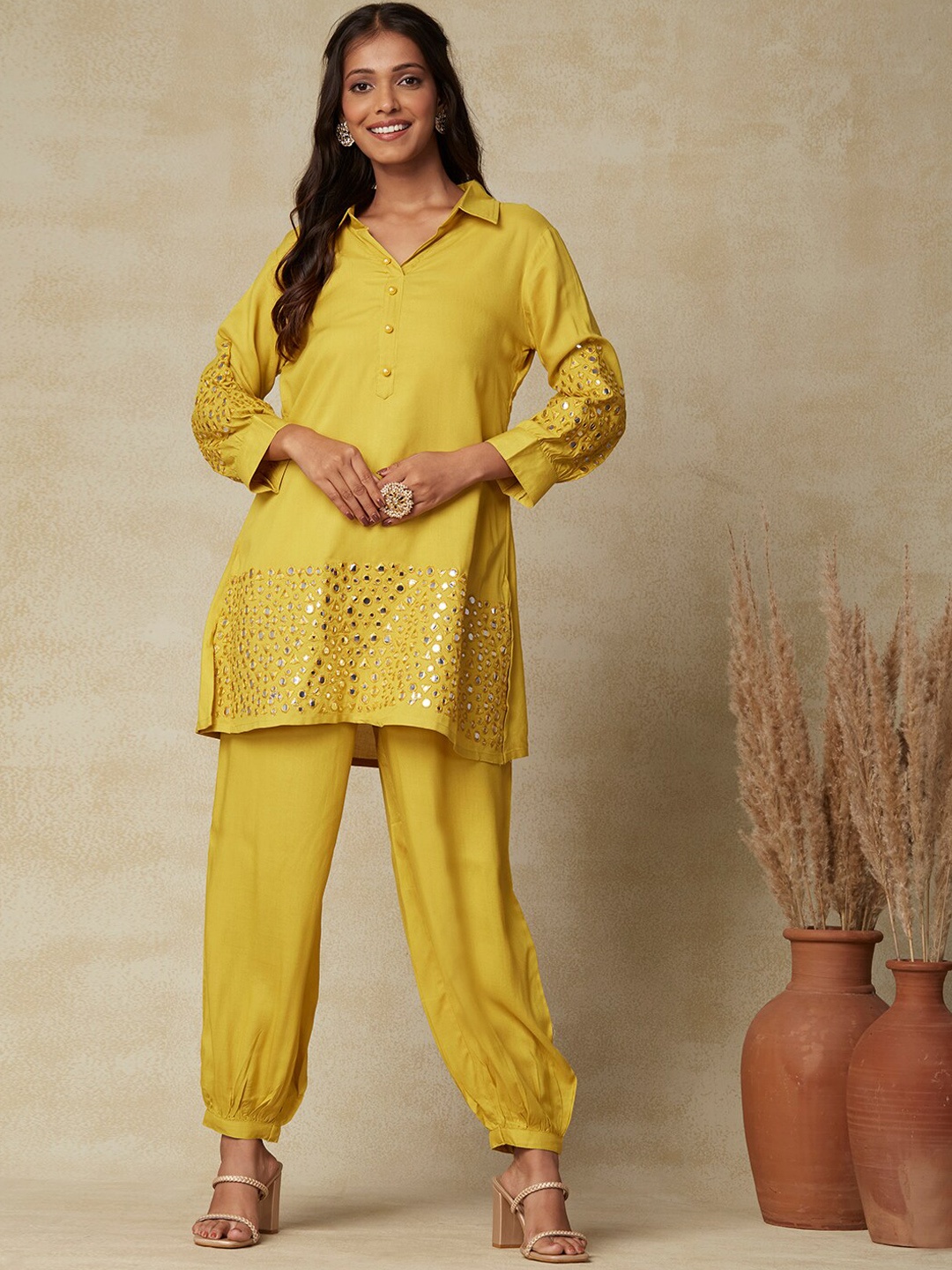 

FASHOR Yellow Ethnic Motifs Embroidered Mirror Work Kurta With Salwar