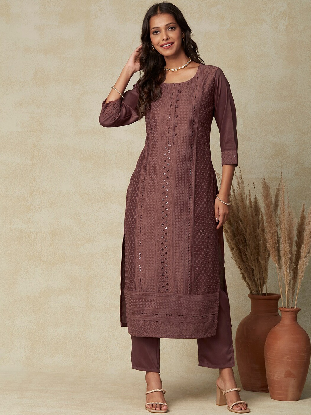 

FASHOR Ethnic Embroidered Sequinned Round Neck Straight Kurta, Brown
