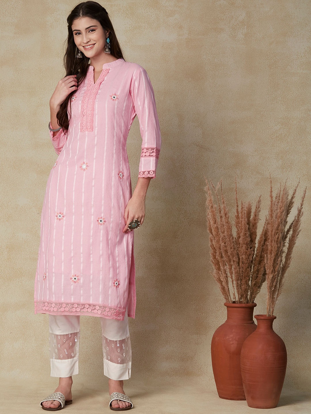 

FASHOR Pink & White Striped Mandarin Collar Thread Work Straight Kurta
