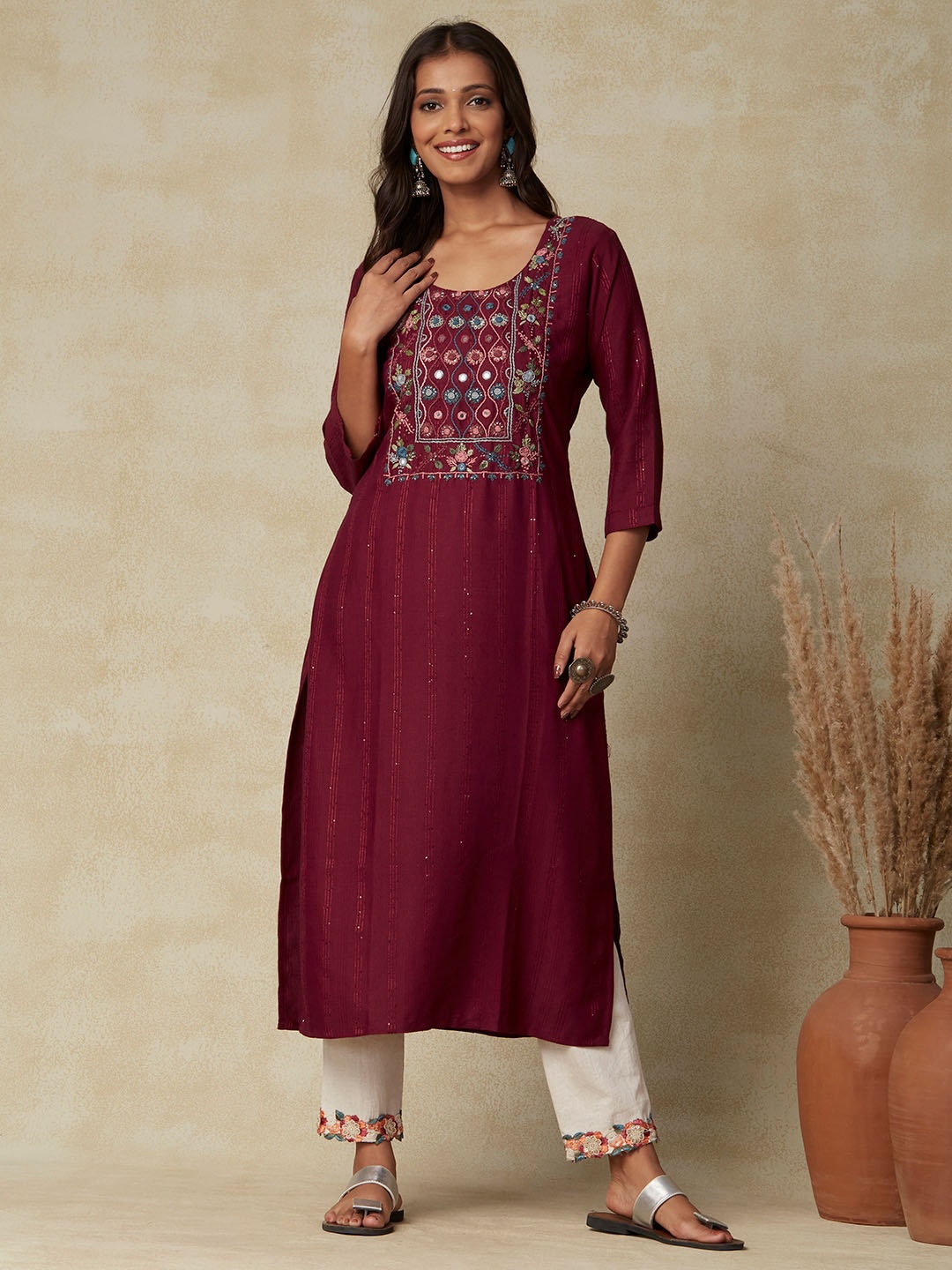 

FASHOR Maroon Floral Embroidered Yoke Design Mirror Work Straight Kurta