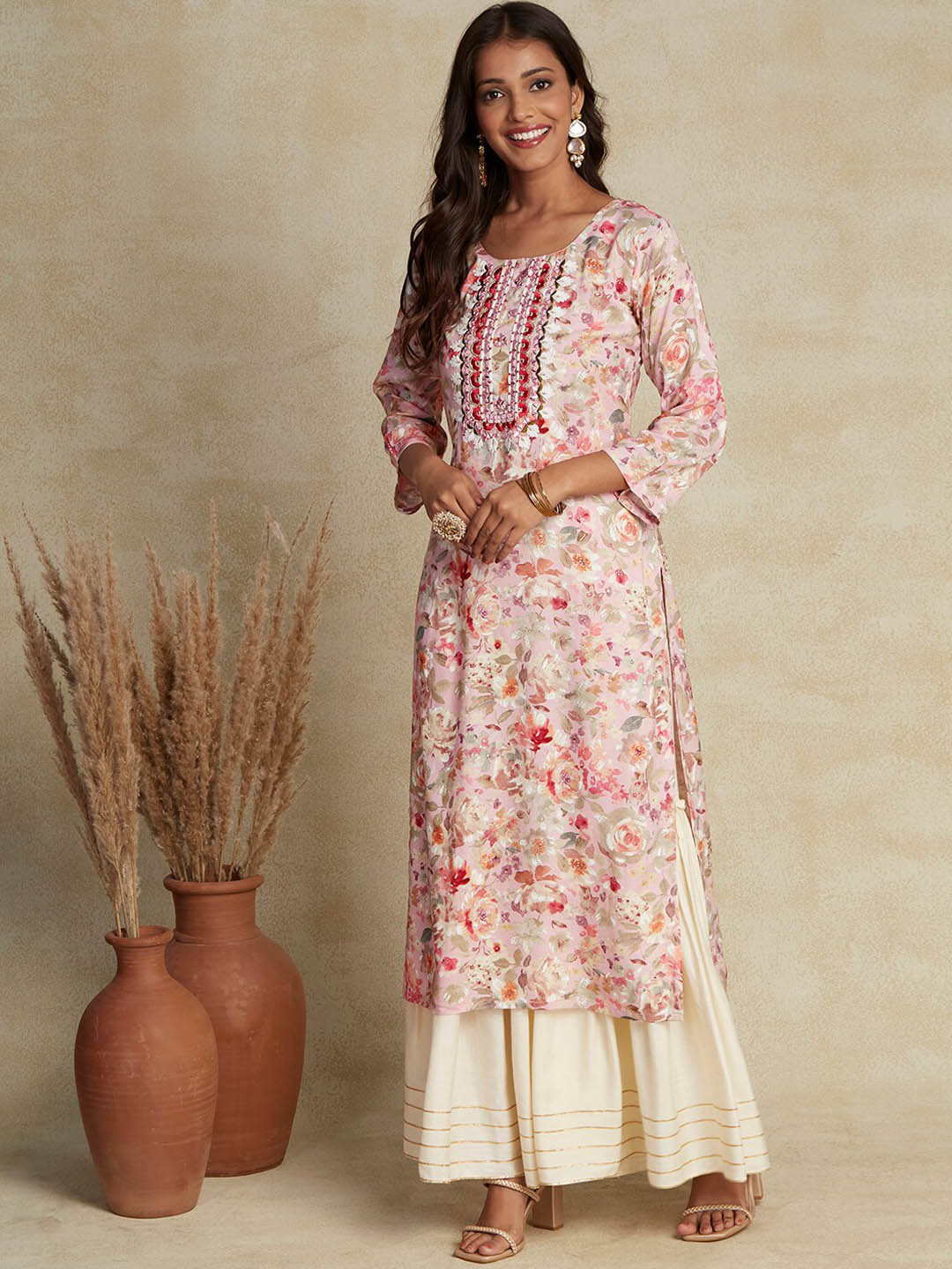 

FASHOR White & Pink Floral Printed Thread Work Pastel Straight Kurta