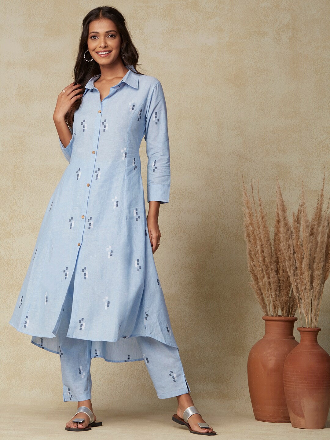

FASHOR Blue Geometric Woven Design Pure Cotton A-Line Kurta with Trousers