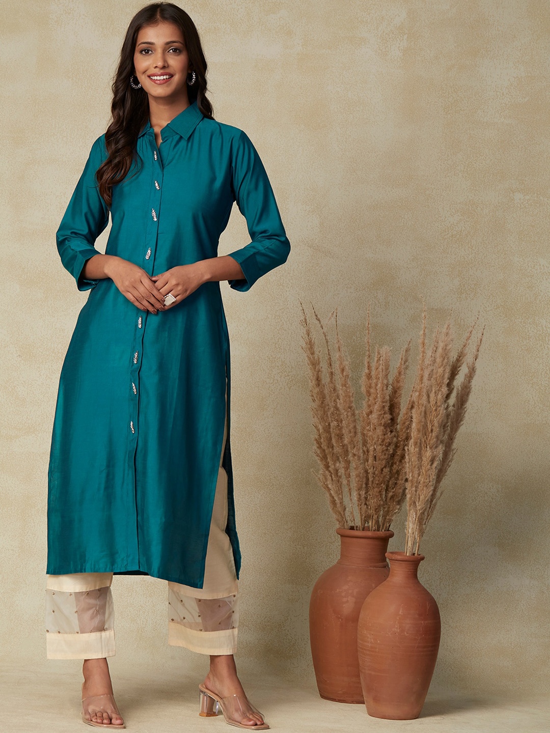 

FASHOR Teal Shirt Collar Beads & Stones Silk Straight Kurta