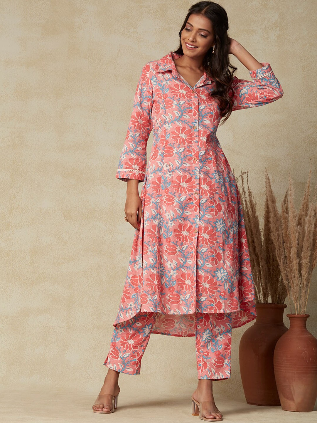 

FASHOR Pink Floral Printed A-Line Kurta with Trousers