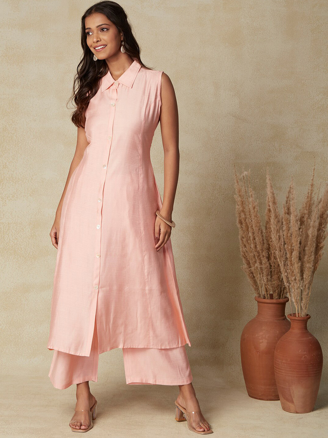 

FASHOR Peach Sleeveles A-Line Kurta with Trousers