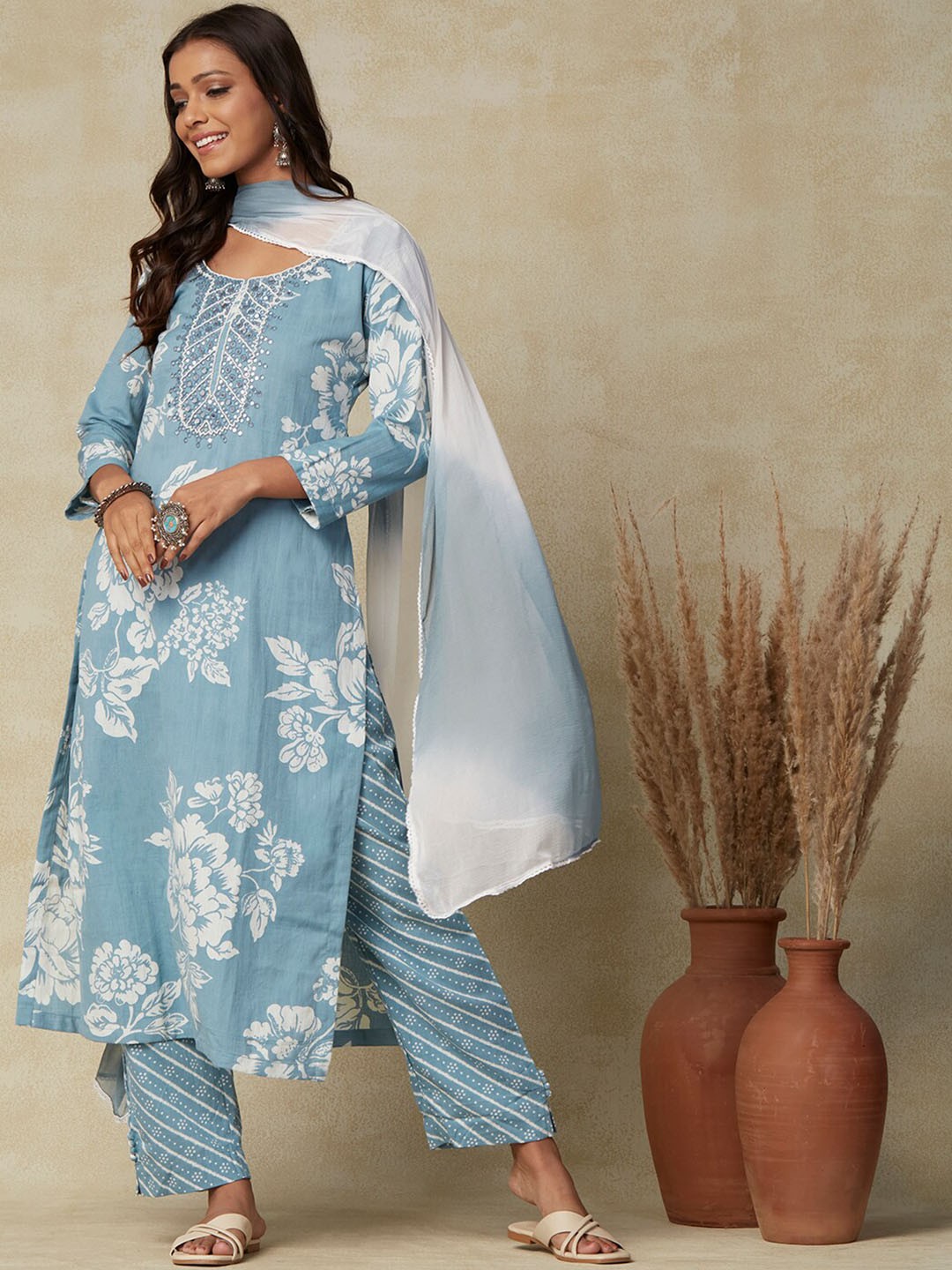 

FASHOR Floral Printed Mirror Work Straight Kurta with Trousers & Dupatta, Blue