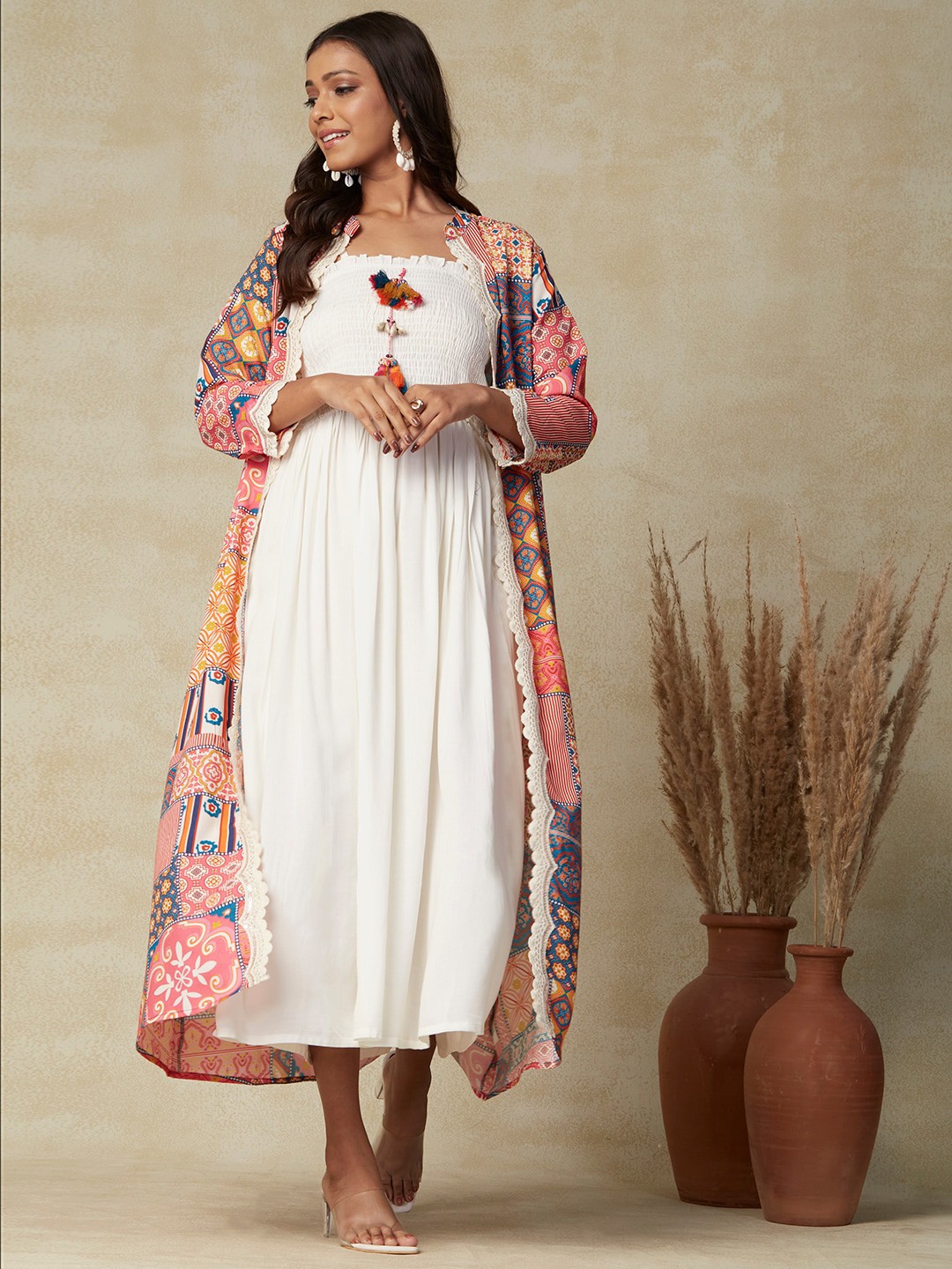 

FASHOR Smoked Detailed Fit & Flare Ethnic Dress with Jacket, White