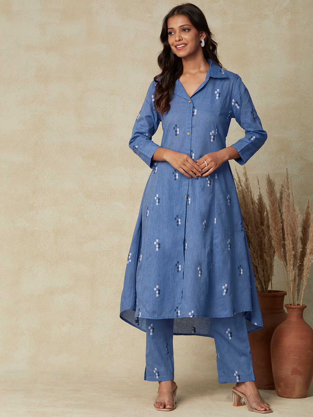

FASHOR Geometric Print Panelled Pure Cotton Kurta with Trousers, Blue