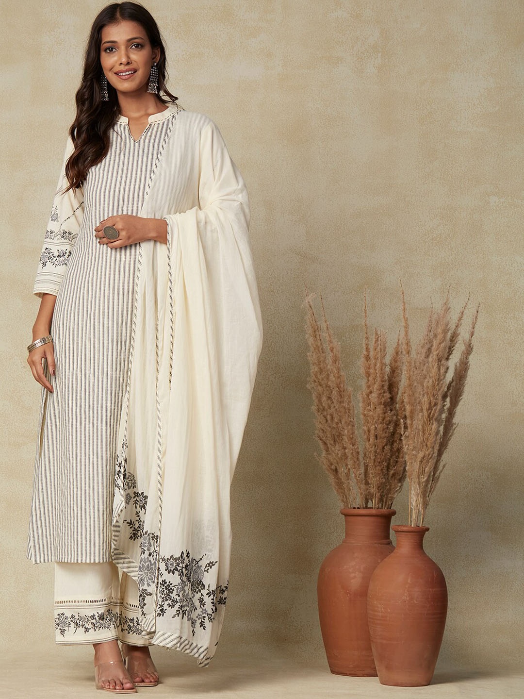 

FASHOR Striped Pure Cotton Kurta with Trousers & Dupatta, Off white