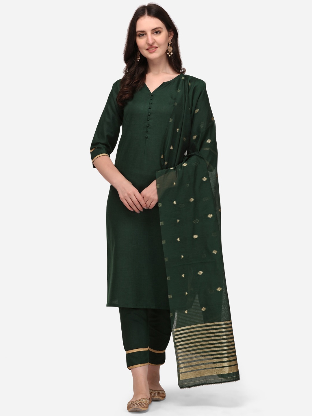 

KALINI V-Neck Kurta With Trousers & Dupatta, Green