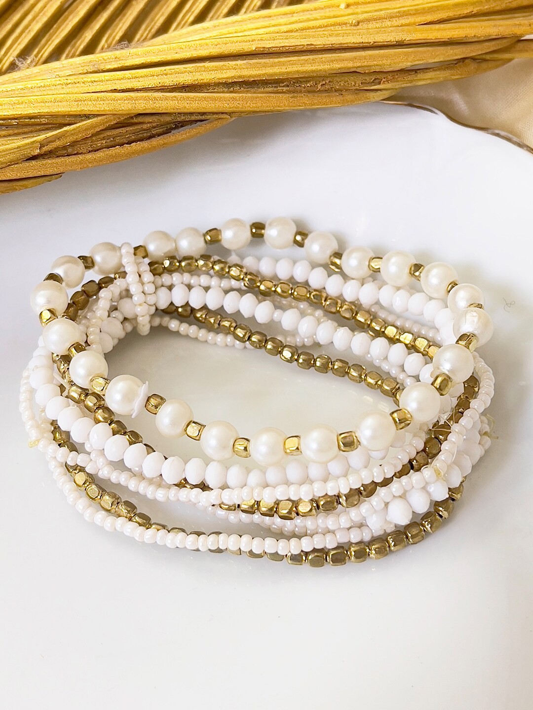

Ayesha Women Meenakari Multilayered Elastic Boho Bracelet, White