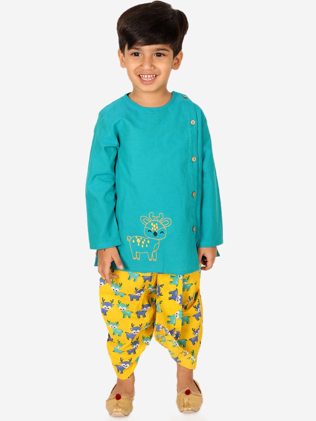 

BownBee Boys Embroidered Angrakha Thread Work Pure Cotton Kurta with Dhoti Pants, Green