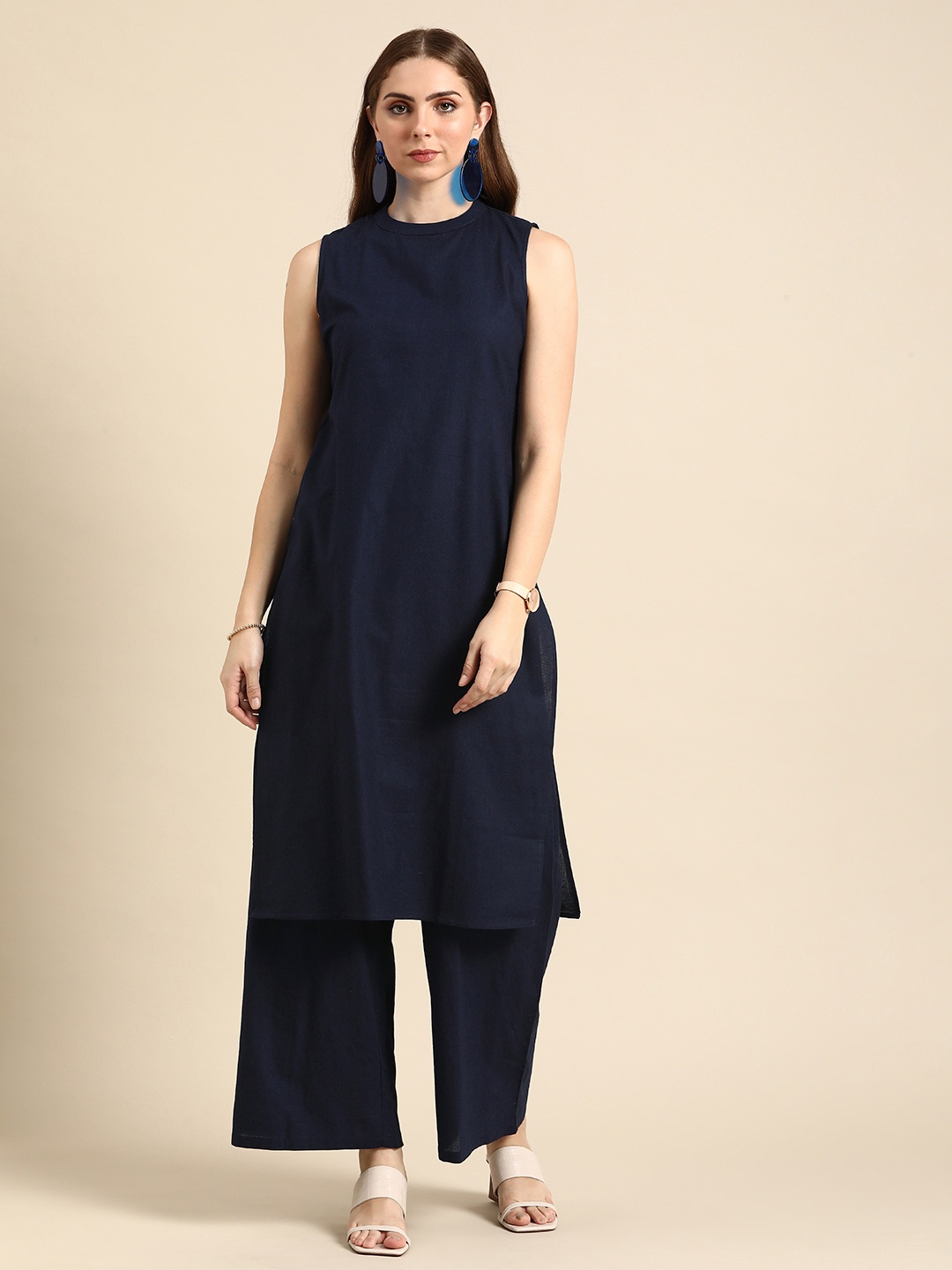 

Anouk Women Regular Pure Cotton Kurta with Palazzos, Navy blue