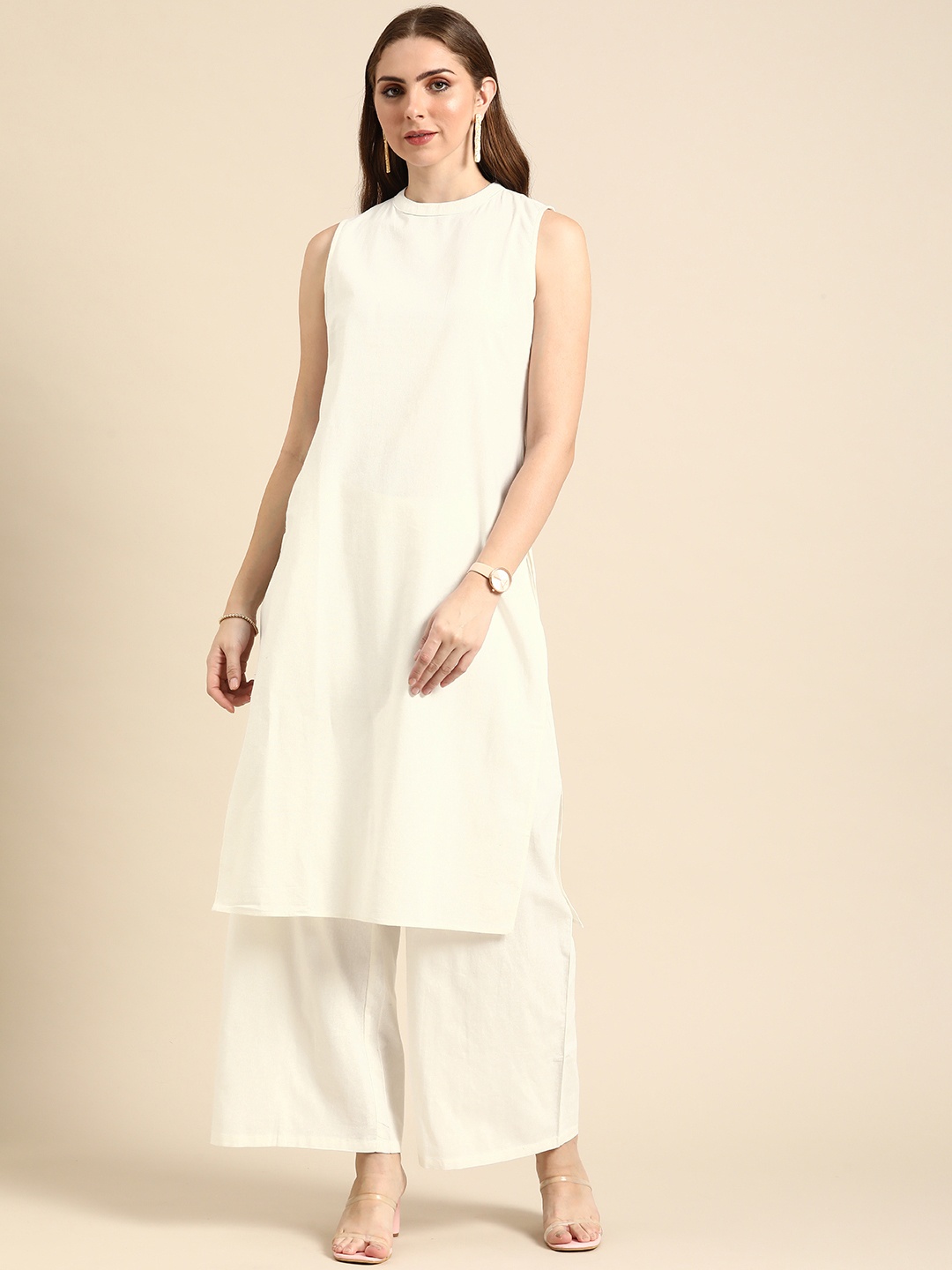 

Anouk Women Solid Round Neck Pure Cotton Kurta, White