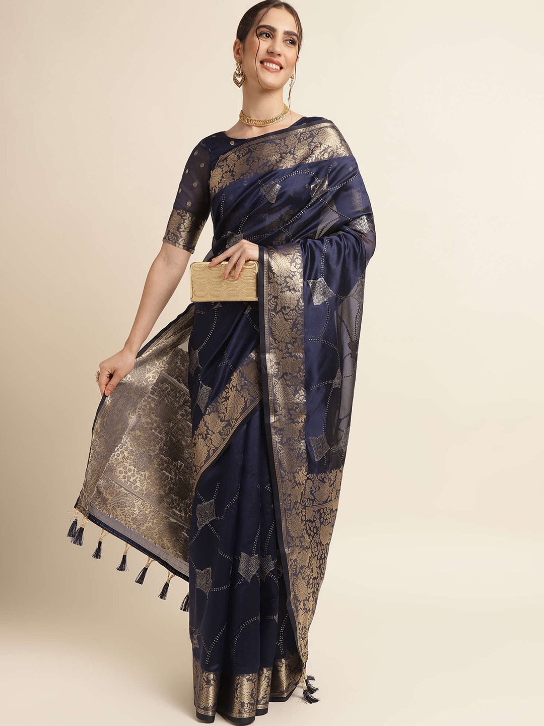 

Mitera Navy Blue & Gold-Toned Ethnic Motifs Woven Design Zari Pure Silk Saree