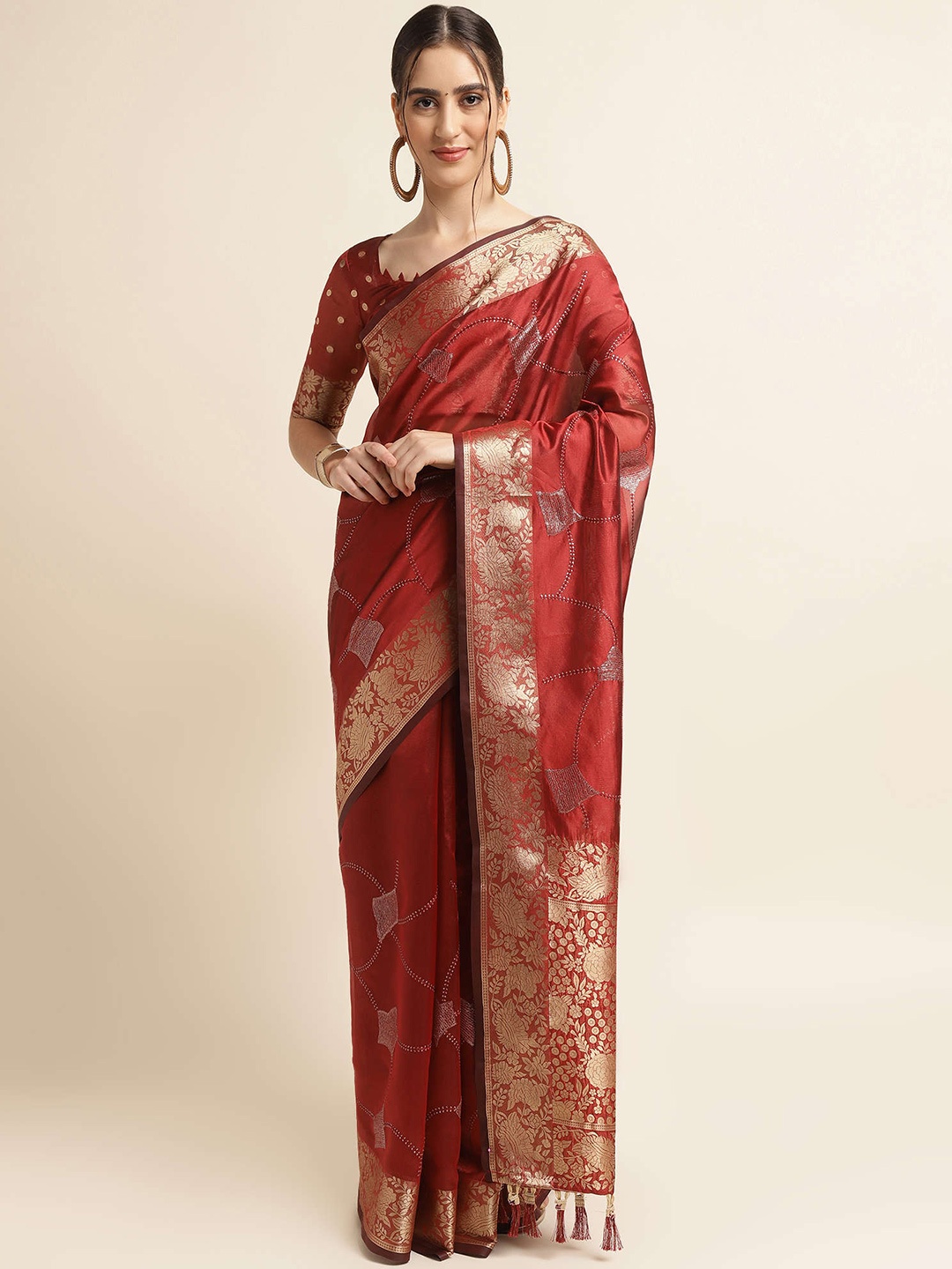 

Mitera Maroon & Gold-Toned Ethnic Motifs Woven Design Zari Sequinned Pure Silk Saree