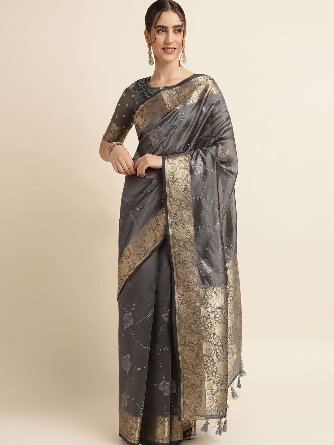 

Mitera Grey & Gold-Toned Woven Design Zari Pure Silk Saree