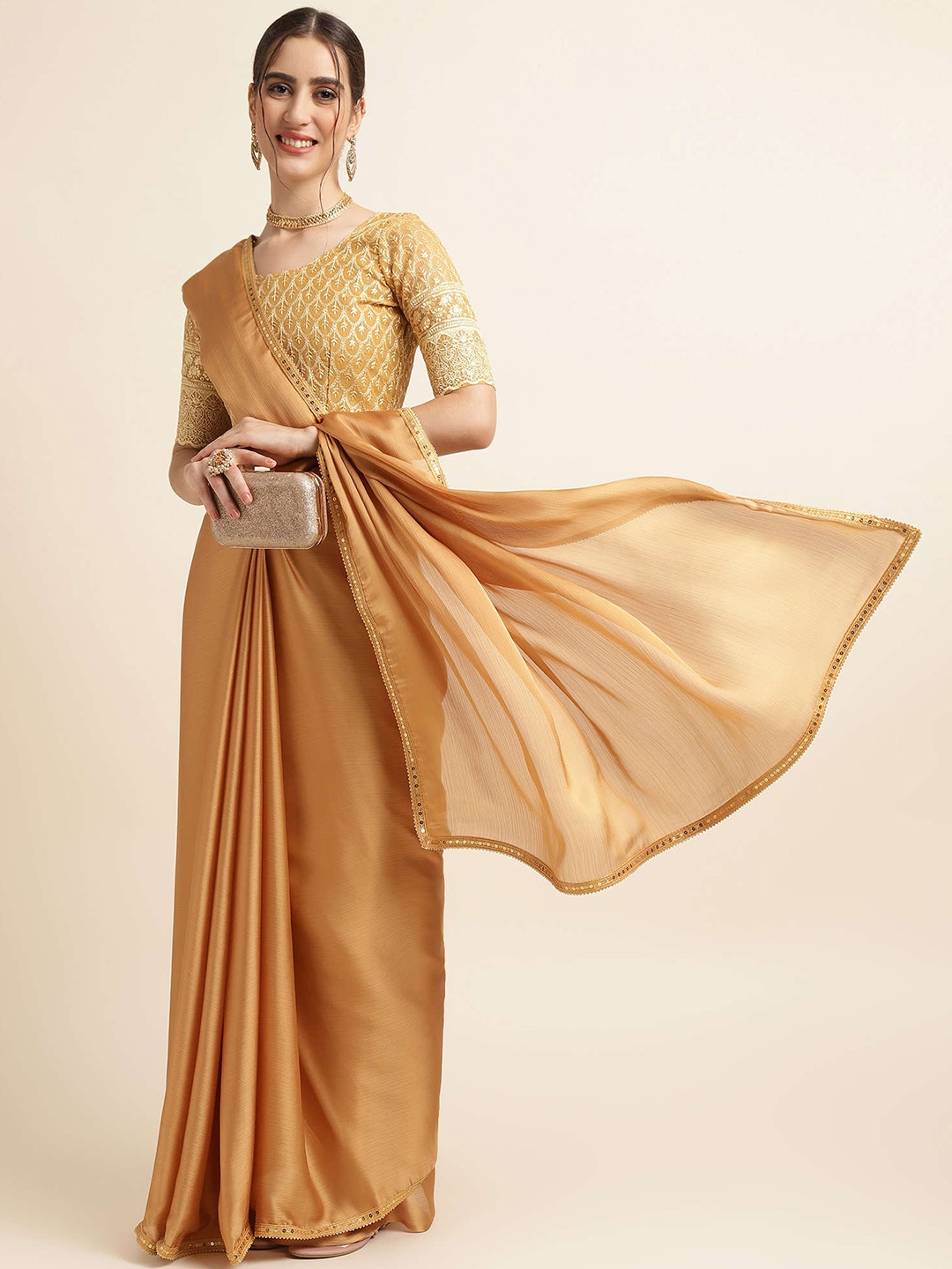 

Mitera Mustard & Gold-Toned Ethnic Motifs Woven Design Sequinned Satin Chiffon Saree