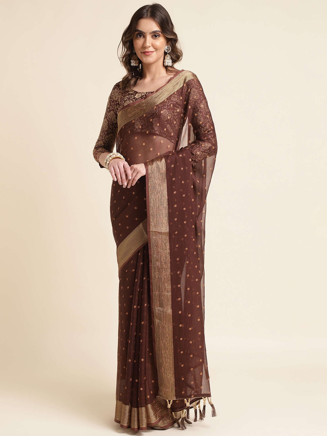 

Mitera Coffee Brown & Gold-Toned Floral Printed Zari Border Pure Chiffon Saree