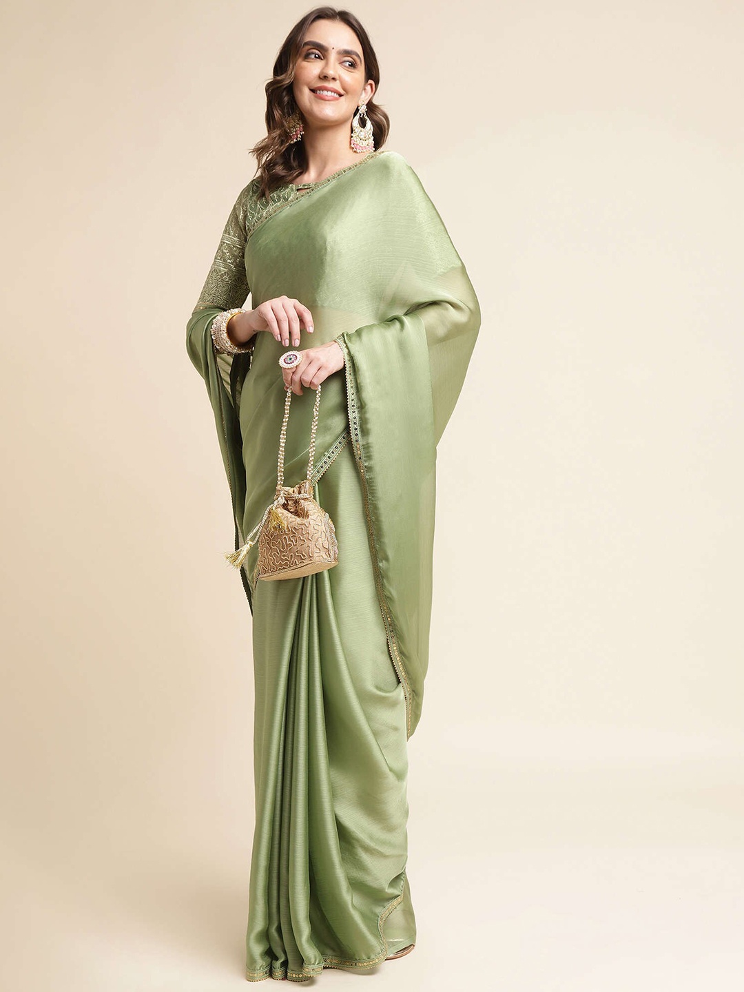 

Mitera Sequinned Pure Chiffon Saree, Green