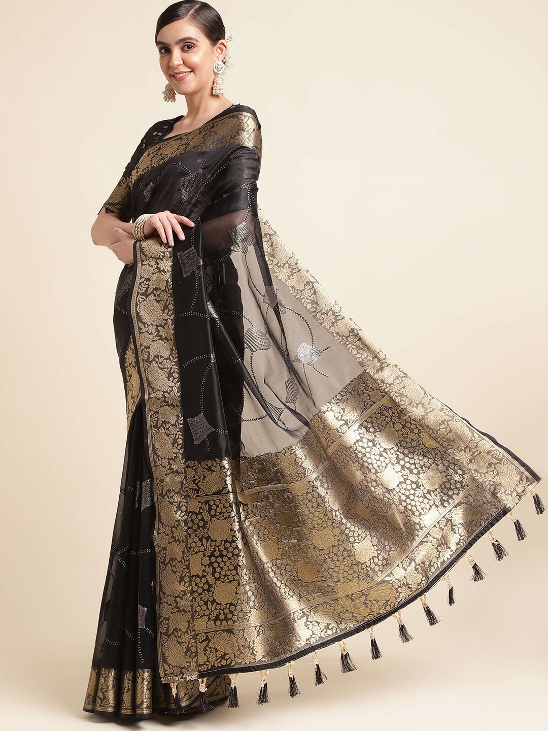 

Mitera Black & Gold-Toned Ethnic Motifs Woven Design Zari Pure Silk Saree