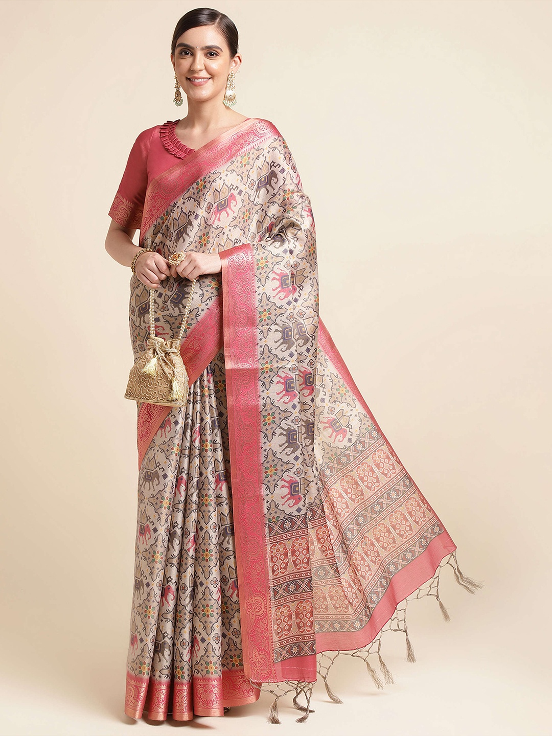 

Mitera Pink & Beige Ethnic Motifs Woven Design Zari Silk Cotton Saree