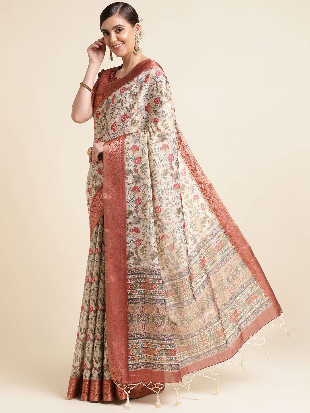 

Mitera Beige & Red Floral Printed Zari Silk Cotton Saree