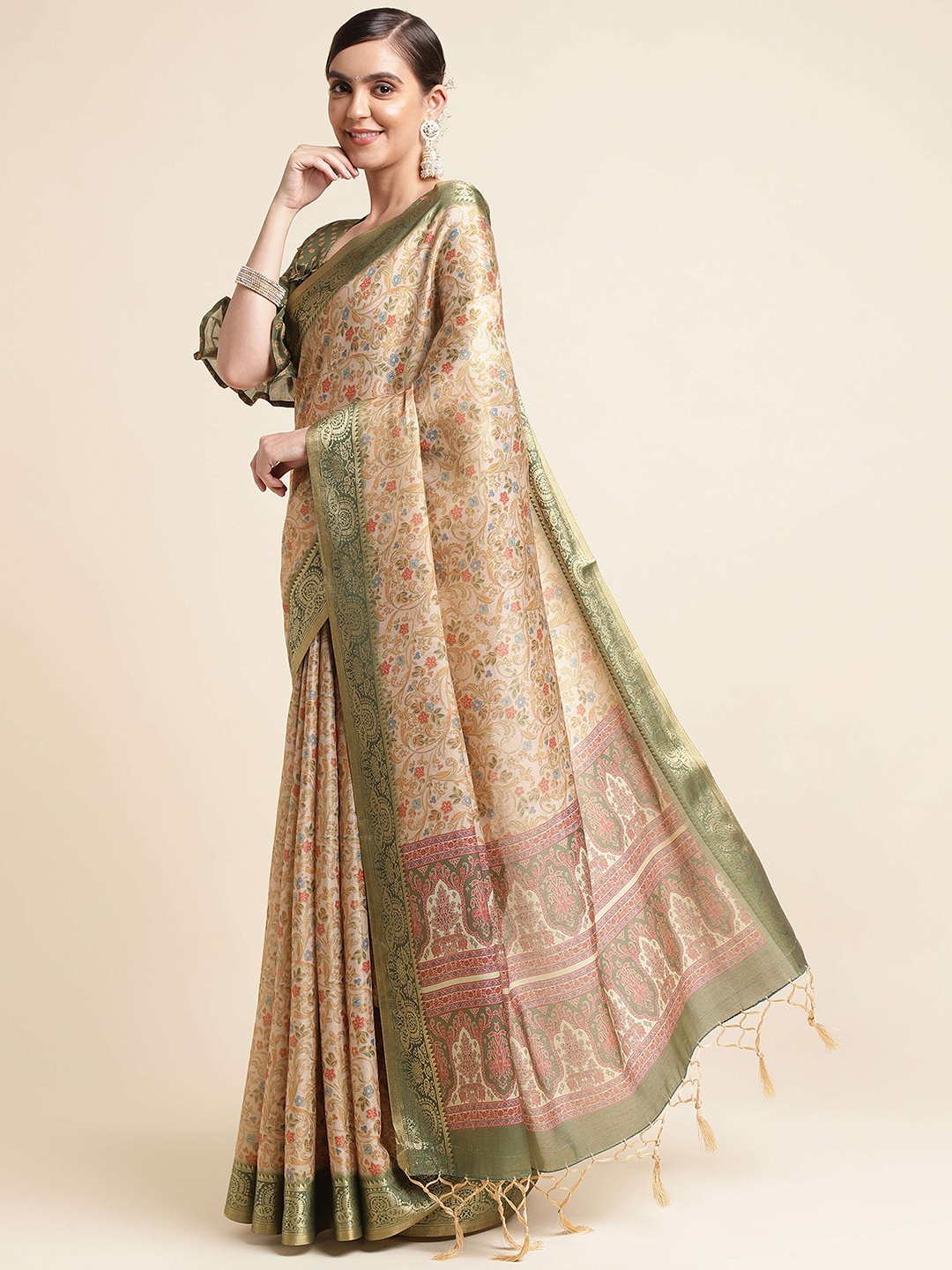 

Mitera Beige & Green Ethnic Motifs Woven Design Zari Silk Cotton Saree