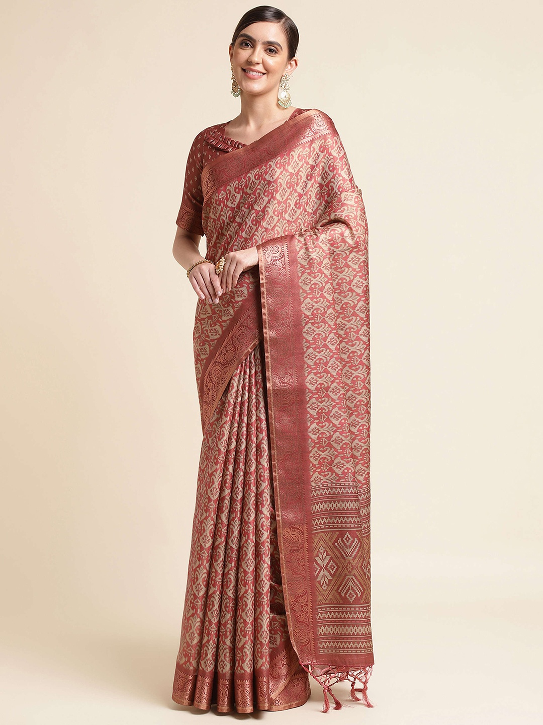 

Mitera Ethnic Motifs Printed Zari Silk Cotton Saree, Maroon