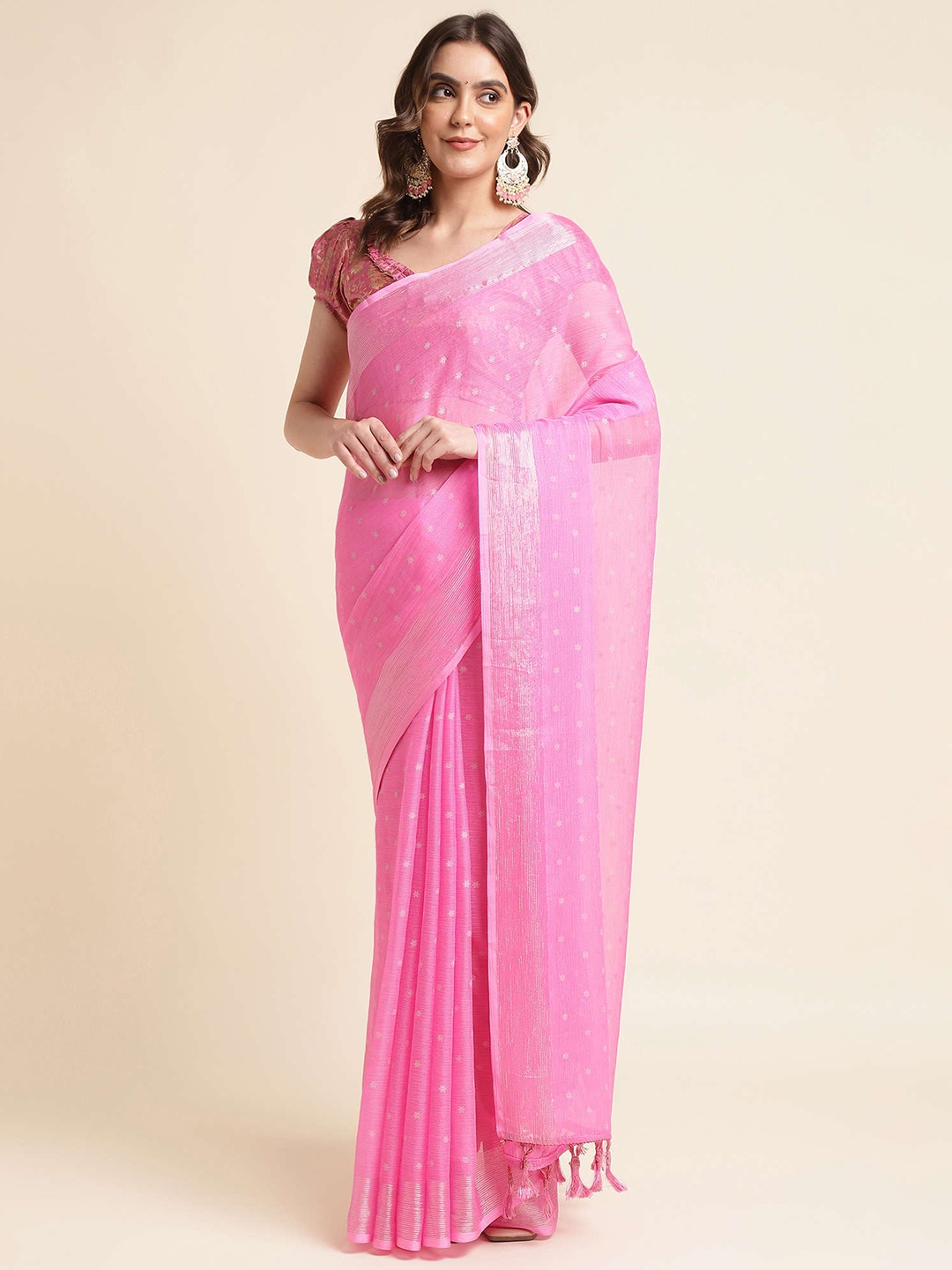 

Mitera Floral Woven Design Pure Chiffon Zari Saree, Pink