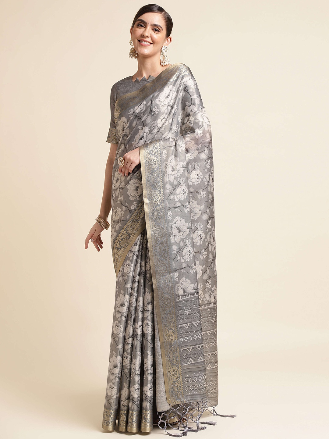 

Mitera Floral Printed Silk Cotton Kanjeevaram Saree, Grey