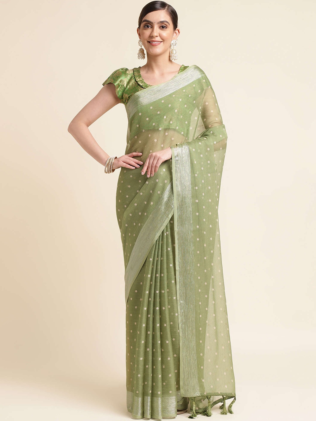 

Mitera Green & Silver-Toned Floral Zari Pure Chiffon Saree