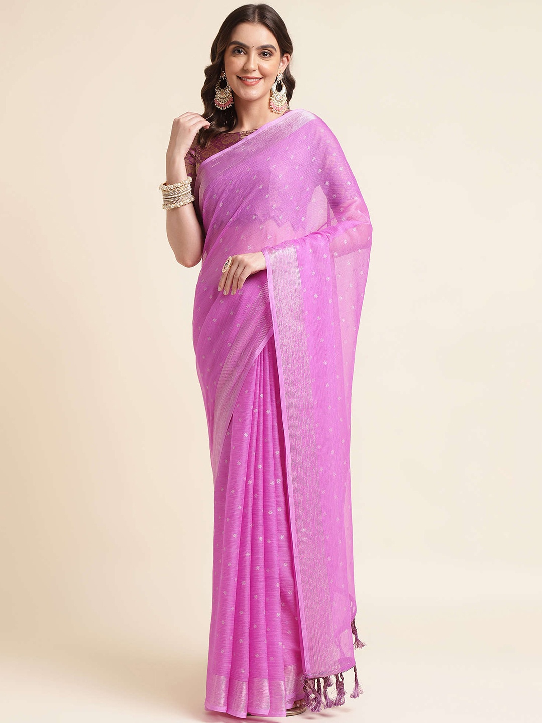 

Mitera Magenta & Silver-Toned Floral Woven Design Zari Pure Chiffon Saree