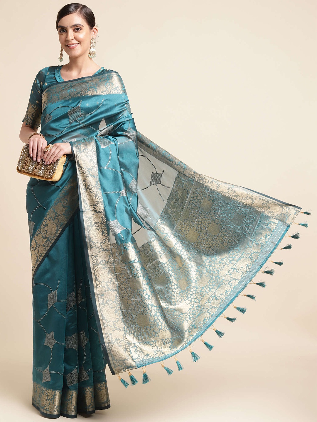 

Mitera Teal & Gold-Toned Ethnic Motifs Woven Design Zari Pure Silk Banarasi Saree