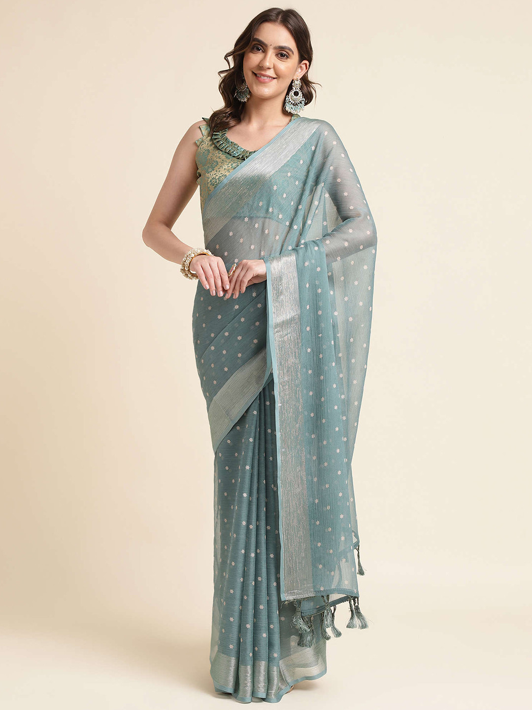 

Mitera Sea Green & Gold-Toned Ethnic Motifs Woven Design Zari Pure Chiffon Saree